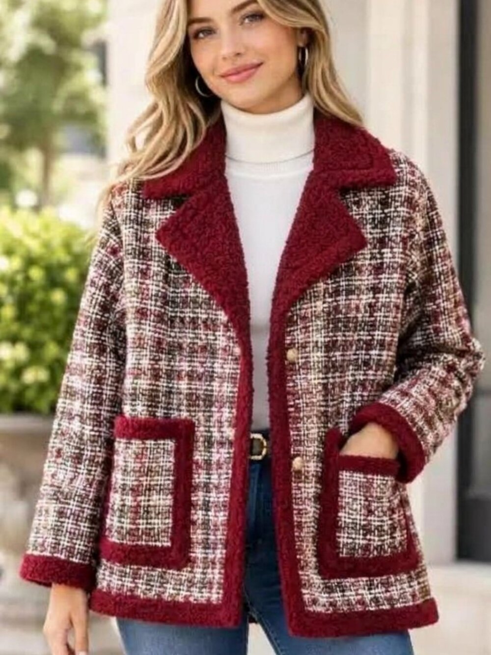 SHEIN Women’s Tweed Jacket Small S Oversized Burgundy Gold Sparkle Sherpa Trim